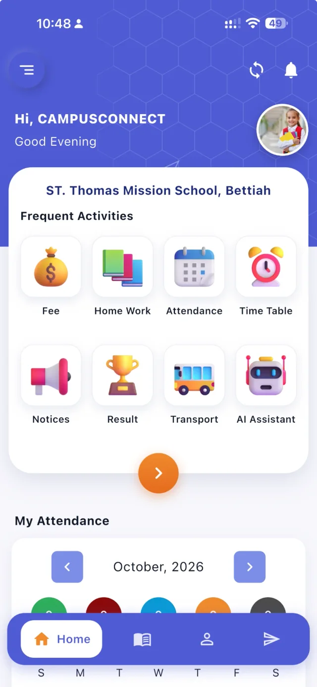 CampusConnect app home for a student: greeting, profile photo, frequent activities — Fee, Home Work, Attendance, Time Table, Notices, Result, Transport, AI Assistant — and My Attendance