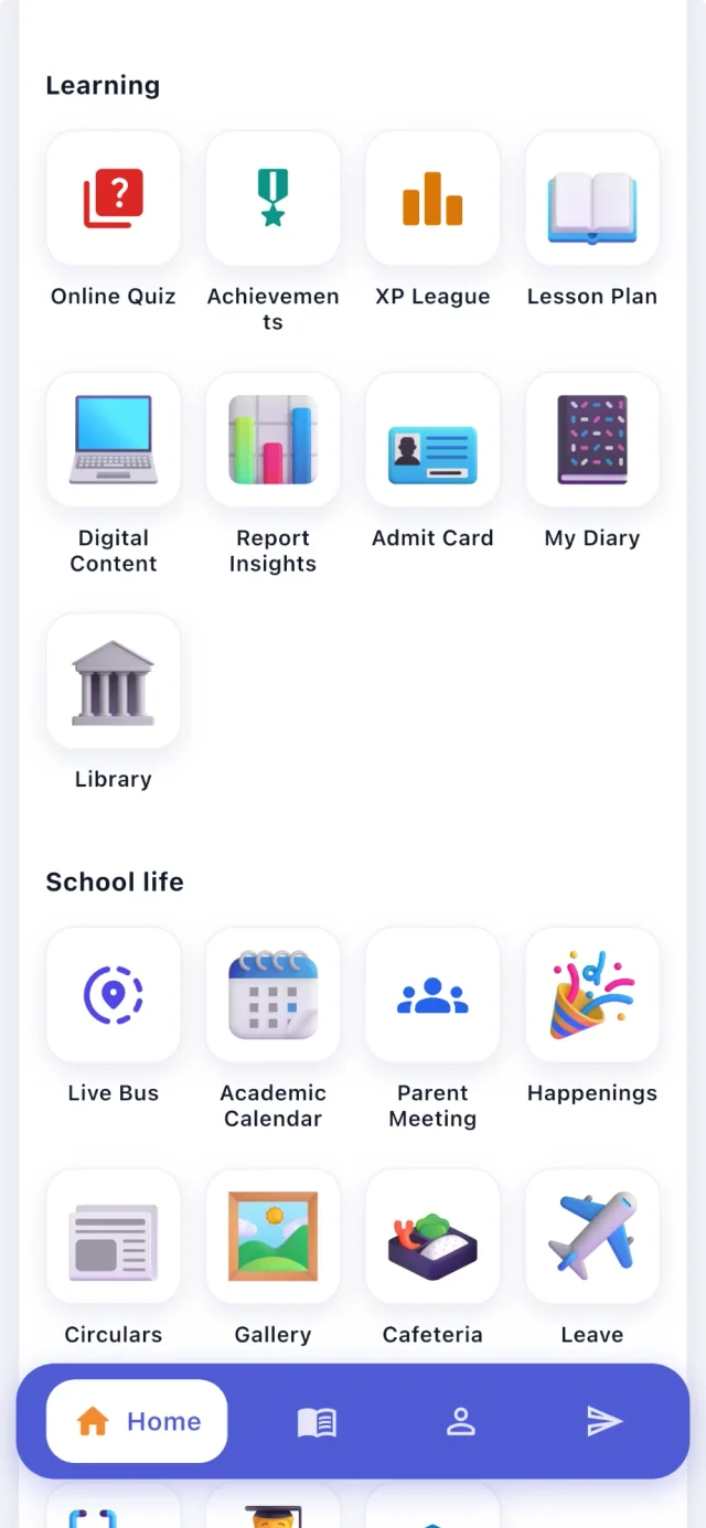 CampusConnect app menu: Learning (Online Quiz, Achievements, XP League, Lesson Plan, Digital Content, Report Insights, Admit Card, My Diary, Library) and School life (Live Bus, Academic Calendar, Parent Meeting, Happenings, Circulars, Gallery, Cafeteria, Leave)
