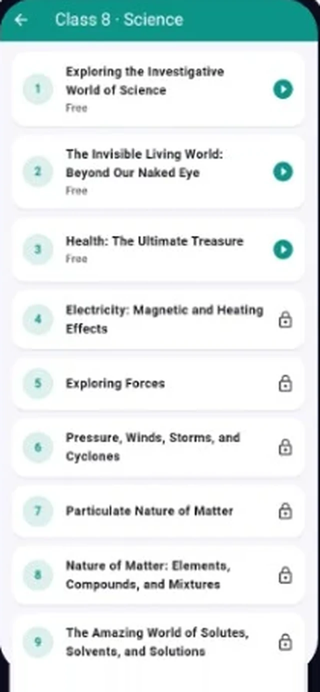 Class 8 Science chapter list with the first chapters marked Free and the rest locked