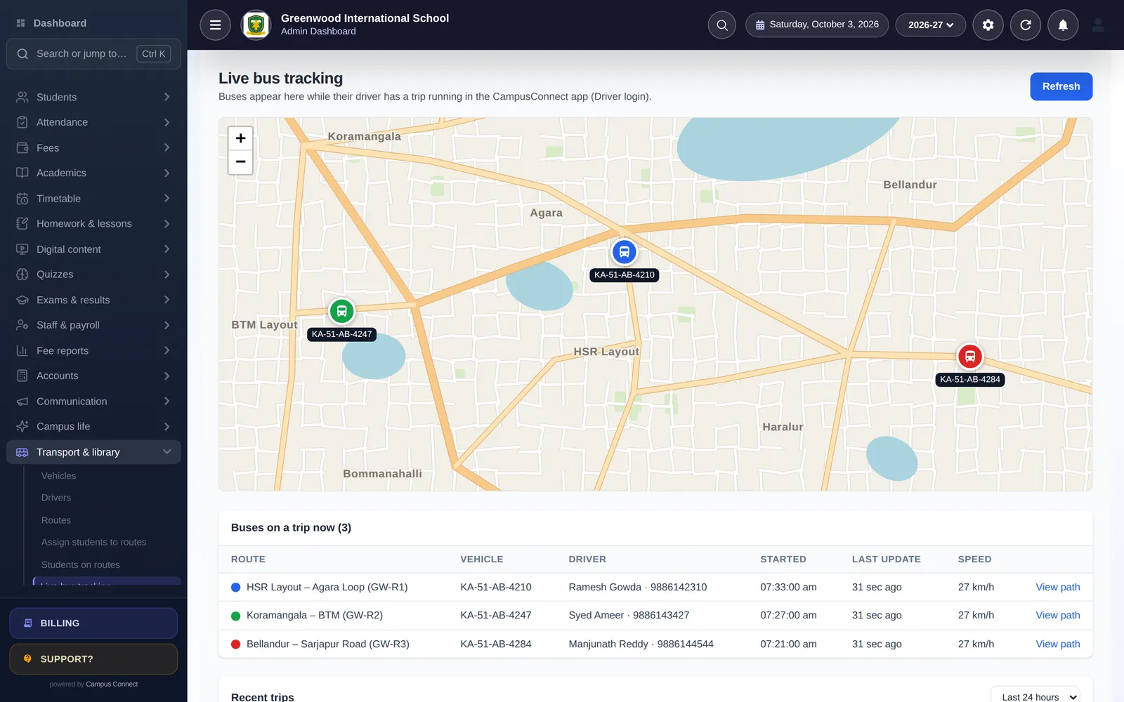 Live bus tracking map with three buses on their routes, plus driver, start time, last update and speed