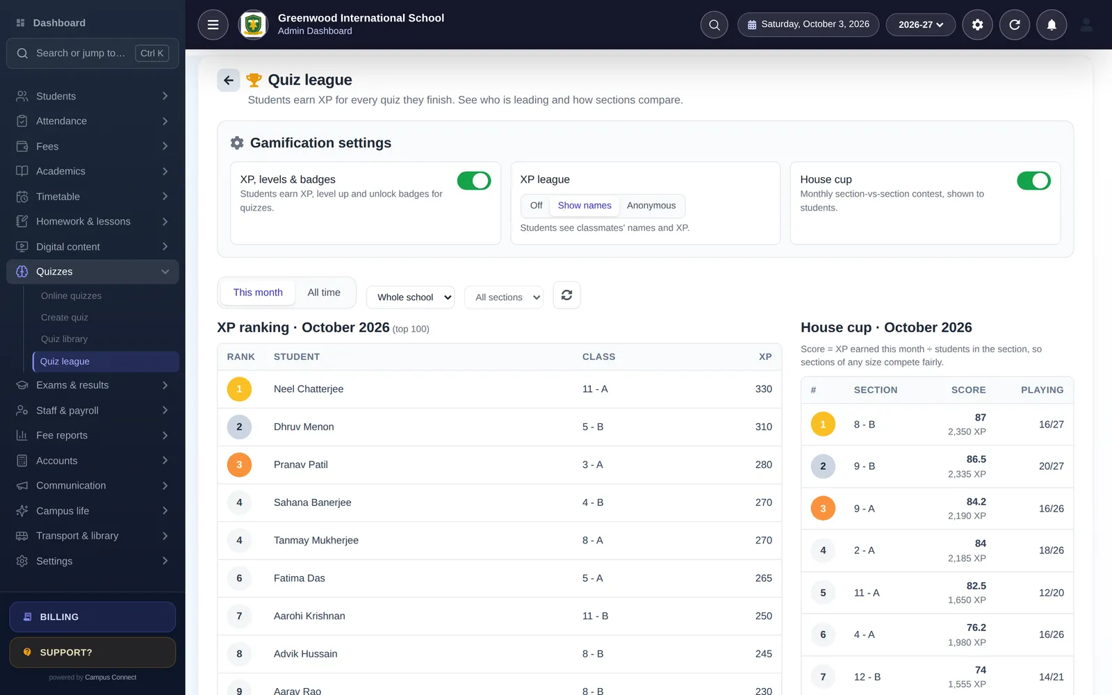 Quiz league: school-wide XP ranking and the monthly section-vs-section House Cup, with gamification switches